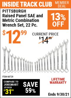 Harbor Freight ITC Coupon 22 PC RAISED PANEL SAE & METRIC COMBINATION WRENCH SET Lot No. 68729 Expired: 9/30/21 - $12.99