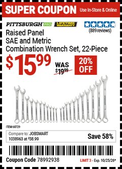 Harbor Freight Coupon PITTSBURGH PRO RAISED PANEL SAE AND METRIC COMBINATION WRENCH SET, 22-PIECE Lot No. 68729 Valid Thru: 10/25/26 - $15.99