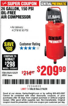 Harbor Freight Coupon 26 GALLON, 150 PSI OIL-FREE AIR COMPRESSOR Lot No. 69669/62629/98067 Expired: 2/16/20 - $209.99