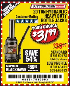 Harbor Freight Coupon 20 TON HYDRAULIC BOTTLE JACK, STANDARD AND LOW PROFILE Lot No. 69478 66482 66481 5534 69483 Expired: 6/30/20 - $31.99