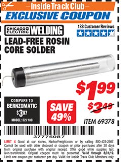 Harbor Freight ITC Coupon LEAD-FREE ROSIN CORE SOLDER Lot No. 69378 Expired: 8/31/19 - $1.99