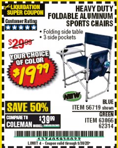 Harbor Freight Coupon HEAVY DUTY FOLDABLE ALUMINUM SPORTS CHAIRS Lot No. 56719/63066/62314 Expired: 6/30/20 - $19.99