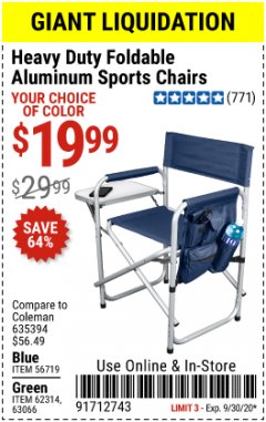 Harbor Freight Coupon HEAVY DUTY FOLDABLE ALUMINUM SPORTS CHAIRS Lot No. 56719/63066/62314 Expired: 9/30/20 - $19.99