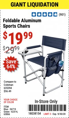 Harbor Freight Coupon HEAVY DUTY FOLDABLE ALUMINUM SPORTS CHAIRS Lot No. 56719/63066/62314 Expired: 9/30/20 - $19.99