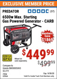 Harbor Freight ITC Coupon 6500 WATT MAX. STARTING GAS POWERED GENERATOR Lot No. 63967/64966/63965/63964 Expired: 9/30/20 - $449.99