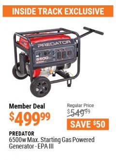 Harbor Freight ITC Coupon 6500 WATT MAX. STARTING GAS POWERED GENERATOR Lot No. 63967/64966/63965/63964 Expired: 4/29/21 - $499.99