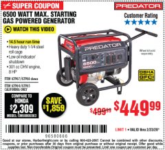 Harbor Freight Coupon 6500 WATT MAX. STARTING GAS POWERED GENERATOR Lot No. 63967/64966/63965/63964 Expired: 2/23/20 - $449.99