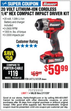 Harbor Freight Coupon 20 VOLT LITHIUM-ION CORDLESS 1/4" HEX COMPACT IMPACT DRIVER KIT Lot No. 64755/63528 Expired: 2/17/20 - $59.99