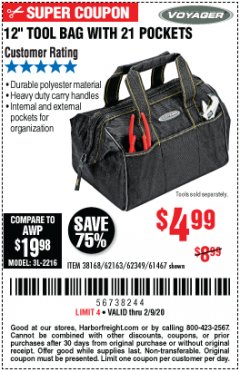 Harbor Freight Coupon 12" TOOL BAG WITH 21 POCKETS Lot No. 38168/62163/62349/61467 Expired: 2/9/20 - $4.99