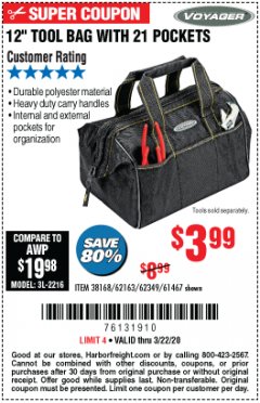 Harbor Freight Coupon 12" TOOL BAG WITH 21 POCKETS Lot No. 38168/62163/62349/61467 Expired: 3/22/20 - $3.99