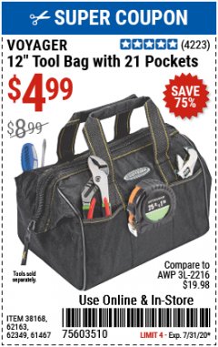 Harbor Freight Coupon 12" TOOL BAG WITH 21 POCKETS Lot No. 38168/62163/62349/61467 Expired: 7/31/20 - $4.99