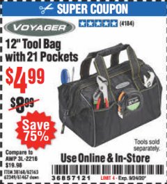 Harbor Freight Coupon 12" TOOL BAG WITH 21 POCKETS Lot No. 38168/62163/62349/61467 Expired: 9/24/20 - $4.99
