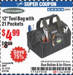 Harbor Freight Coupon 12" TOOL BAG WITH 21 POCKETS Lot No. 38168/62163/62349/61467 Expired: 10/19/20 - $4.99