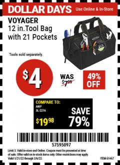 Harbor Freight Coupon 12" TOOL BAG WITH 21 POCKETS Lot No. 38168/62163/62349/61467 Expired: 2/6/22 - $4