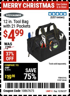 Harbor Freight Coupon 12" TOOL BAG WITH 21 POCKETS Lot No. 38168/62163/62349/61467 Expired: 12/26/22 - $4.99