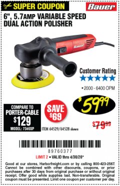 Harbor Freight Coupon 6", 5.7 AMP VARIABLE SPEED DUAL ACTION POLISHER Lot No. 64529/64528 Expired: 6/30/20 - $59.99