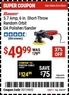 Harbor Freight Coupon 6", 5.7 AMP VARIABLE SPEED DUAL ACTION POLISHER Lot No. 64529/64528 Expired: 5/8/22 - $49.99