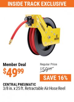 Harbor Freight ITC Coupon 3/8" X 25 FT. RETRACTABLE AIR HOSE REEL Lot No. 46104/69266/64682/69234 Expired: 7/29/21 - $49.99