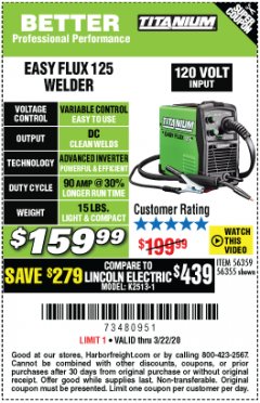 Harbor Freight Coupon EASY FLUX 125 WELDER Lot No. 56359/56355 Expired: 3/22/20 - $159.99