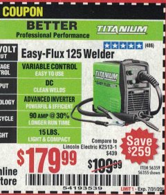Harbor Freight Coupon EASY FLUX 125 WELDER Lot No. 56359/56355 Expired: 8/30/20 - $179.99