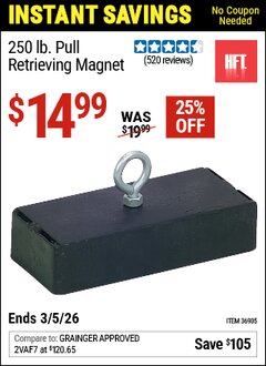 Harbor Freight Coupon HFT 250 LB. PULL RETRIEVING MAGNET Lot No. 36905 Valid Thru: 3/5/26 - $14.99