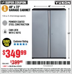Harbor Freight Coupon YUKON 48 IN. X 72 IN. GARAGE CABINET Lot No. 64401 Expired: 2/23/20 - $349.99