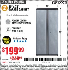 Harbor Freight Coupon YUKON 30X72 GARAGE CABINET Lot No. 64403 Expired: 2/23/20 - $199.99