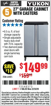 Harbor Freight Coupon YUKON 27" GARAGE CABINET WITH CASTERS Lot No. 64405 Expired: 2/23/20 - $149.99