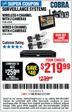 Harbor Freight Coupon COBRA SURVEILLENCE SYSTEMS Lot No. 63842, 63890 Expired: 2/17/20 - $219.99