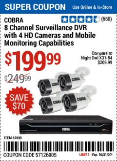 Harbor Freight Coupon COBRA SURVEILLENCE SYSTEMS Lot No. 63842, 63890 Expired: 10/31/20 - $199.99
