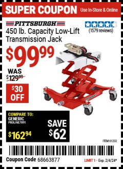 Harbor Freight Coupon PITTSBURGH 450 LB. TRANSMISSION JACK Lot No. 39178/61232 Expired: 2/4/24 - $99.99