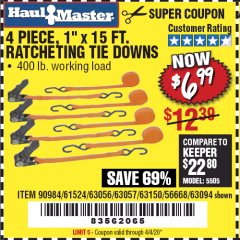 Harbor Freight Coupon HAUL MASTER 4 PIECE, 1" X 15FT. RATCHETING TIE DOWNS Lot No. 90984/63056/63057/63150/56668/63094 Expired: 6/30/20 - $6.99