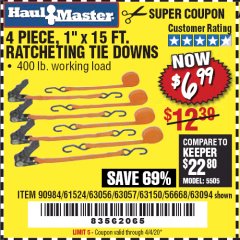 Harbor Freight Coupon HAUL MASTER 4 PIECE, 1" X 15FT. RATCHETING TIE DOWNS Lot No. 90984/63056/63057/63150/56668/63094 Expired: 6/30/20 - $6.99