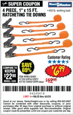 Harbor Freight Coupon HAUL MASTER 4 PIECE, 1" X 15FT. RATCHETING TIE DOWNS Lot No. 90984/63056/63057/63150/56668/63094 Expired: 6/30/20 - $6.99