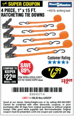 Harbor Freight Coupon HAUL MASTER 4 PIECE, 1" X 15FT. RATCHETING TIE DOWNS Lot No. 90984/63056/63057/63150/56668/63094 Expired: 6/30/20 - $6.99