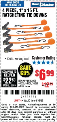 Harbor Freight Coupon HAUL MASTER 4 PIECE, 1" X 15FT. RATCHETING TIE DOWNS Lot No. 90984/63056/63057/63150/56668/63094 Expired: 6/30/20 - $6.99