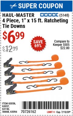 Harbor Freight Coupon HAUL MASTER 4 PIECE, 1" X 15FT. RATCHETING TIE DOWNS Lot No. 90984/63056/63057/63150/56668/63094 Expired: 7/15/20 - $6.99