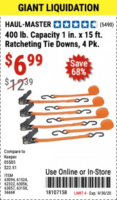Harbor Freight Coupon HAUL MASTER 4 PIECE, 1" X 15FT. RATCHETING TIE DOWNS Lot No. 90984/63056/63057/63150/56668/63094 Expired: 9/30/20 - $6.99