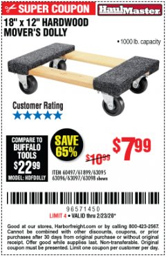 Harbor Freight Coupon HAUL MASTER 18" X 12" MOVER'S DOLLY Lot No. 60497/61899/63095/63096/63097/63098 Expired: 2/23/20 - $7.99