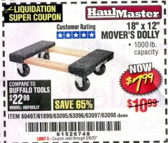 Harbor Freight Coupon HAUL MASTER 18" X 12" MOVER'S DOLLY Lot No. 60497/61899/63095/63096/63097/63098 Expired: 6/30/20 - $7.99