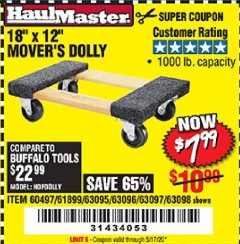 Harbor Freight Coupon HAUL MASTER 18" X 12" MOVER'S DOLLY Lot No. 60497/61899/63095/63096/63097/63098 Expired: 6/30/20 - $7.99