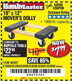 Harbor Freight Coupon HAUL MASTER 18" X 12" MOVER'S DOLLY Lot No. 60497/61899/63095/63096/63097/63098 Expired: 6/21/20 - $7.99