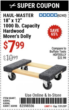 Harbor Freight Coupon HAUL MASTER 18" X 12" MOVER'S DOLLY Lot No. 60497/61899/63095/63096/63097/63098 Expired: 7/31/20 - $7.99