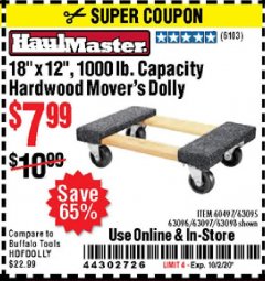 Harbor Freight Coupon HAUL MASTER 18" X 12" MOVER'S DOLLY Lot No. 60497/61899/63095/63096/63097/63098 Expired: 10/2/20 - $7.99