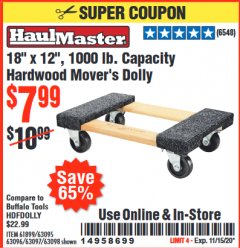 Harbor Freight Coupon HAUL MASTER 18" X 12" MOVER'S DOLLY Lot No. 60497/61899/63095/63096/63097/63098 Expired: 11/15/20 - $7.99