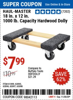 Harbor Freight Coupon HAUL MASTER 18" X 12" MOVER'S DOLLY Lot No. 60497/61899/63095/63096/63097/63098 Expired: 11/30/20 - $7.99