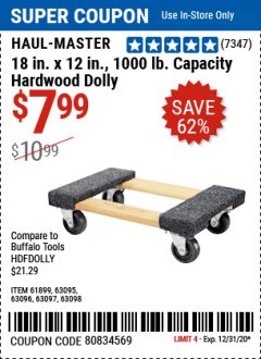 Harbor Freight Coupon HAUL MASTER 18" X 12" MOVER'S DOLLY Lot No. 60497/61899/63095/63096/63097/63098 Expired: 12/31/20 - $7.99
