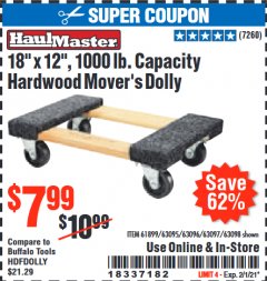Harbor Freight Coupon HAUL MASTER 18" X 12" MOVER'S DOLLY Lot No. 60497/61899/63095/63096/63097/63098 Expired: 2/1/21 - $7.99