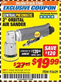 Harbor Freight ITC Coupon 2" ORBITAL AIR SANDER Lot No. 93629 Expired: 12/31/19 - $19.99