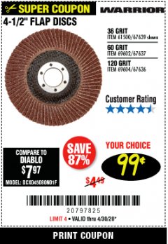 Harbor Freight Coupon WARRIOR 4-1/2" FLAP DISCS Lot No. 61500/67639/69602/67637/69604/67636 Expired: 6/30/20 - $0.99